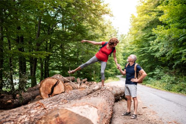 A couple hiking in the woods